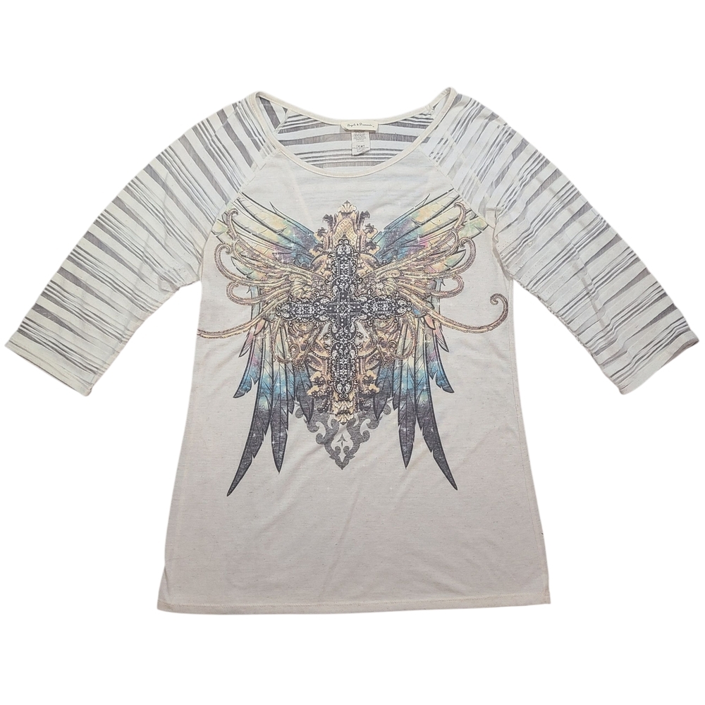 Angels & Diamonds Cross Wing Top XL Rhinestone Cutout Back Sheer Boho Tee